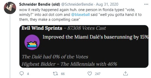 A tweet showing the origin of 'Wimdy' due to the Miami Dale winning a blessing with 0% votes.